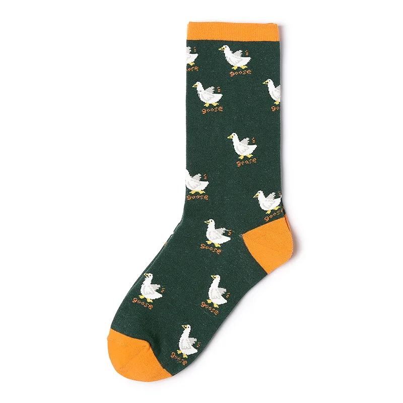 green goose socks Новинка; забавные хлопковые носки для женщин и девочек с изображением животных; Носки с рисунком курицы, коровы, гуся, овцы, свиньи, щенка, кота; Новинка; kawaii; уличная одежда - Цвет: green goose socks