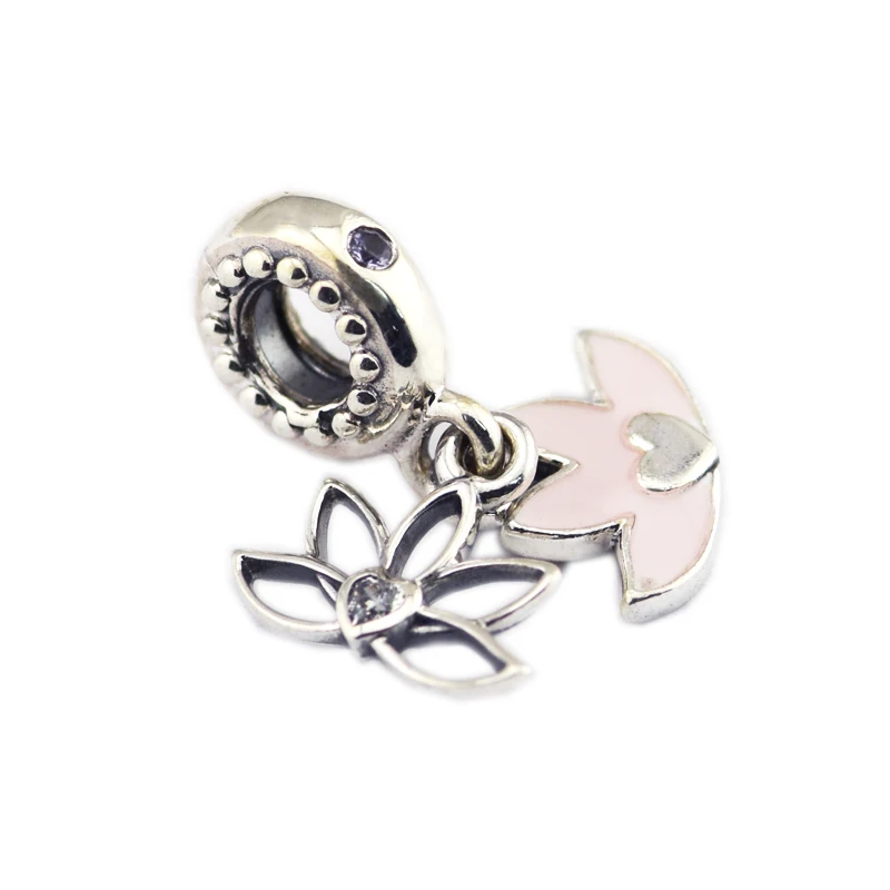 

CKK Silver 925 Jewelry Fits Pandora Bracelets Lotus Silver Dangle With Pink Enamel, Lilac Crystal Original Beads