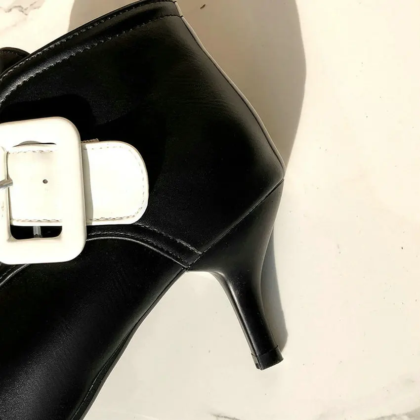 QUTAA Patent Leather Mixed Color Buckle Strap Women Shoes Autumn Winter Sexy Thin Heel Pointed Toe Ankle Boots Size 34-43