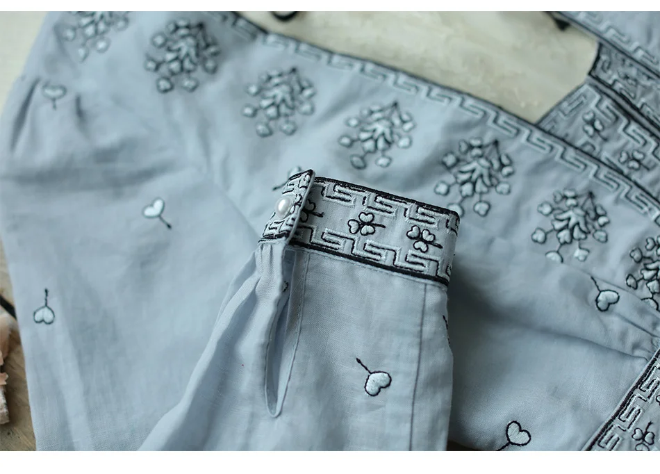 

Original Design Spring Summer Blue Cotton Ramie Midi Dress Women Victoria Vintage Elegant Mori Girls Embroidery Long Dress