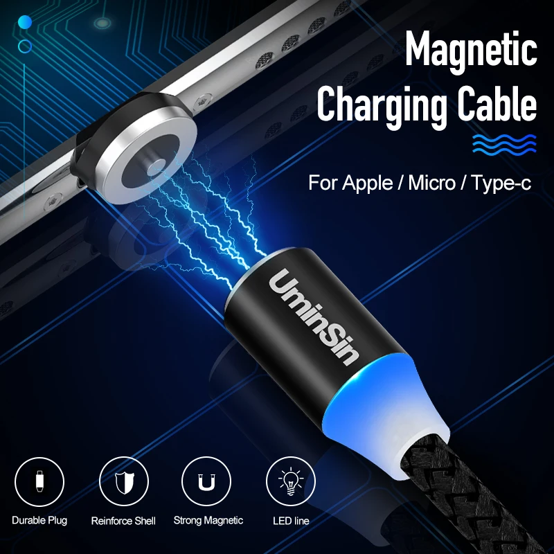 Uminsin быстрое зарядное устройство светодиодный магнитный кабель micro usb и 8 Pin & type C