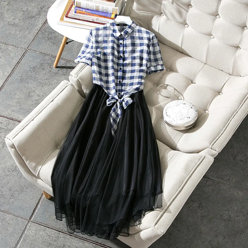 Уникальный дизайн женская одежда летняя Новинка синяя белая клетчатая рубашка