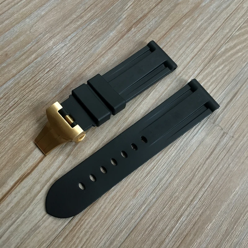 Quality Vanilla 24mm 26mm Black Soft Nature Rubber Watchband With Butterfly buckle For PAM PAM441 111 359 Wacth Strap engraving