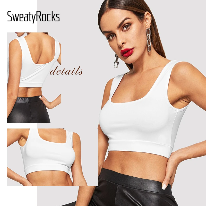 Solid Crop Tank Top, топ для фитнеса с глубоким вырезом, одежда для активного отдыха, обтягивающий спортивный бюстгальтер, летний модный женский топ для тренировок, белый укороченный топ