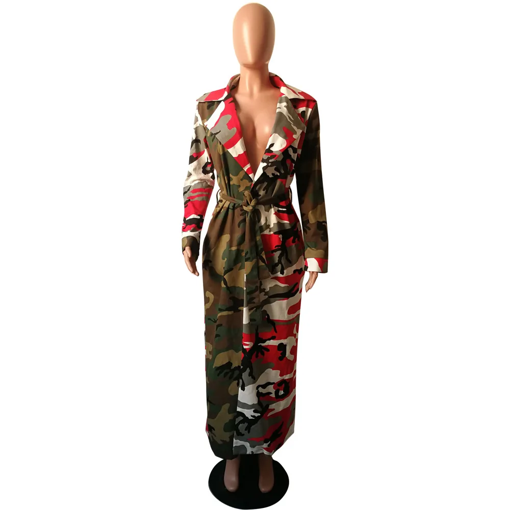 Камуфляжный Тренч с принтом, повседневное длинное пальто макси, осенний отложной воротник, длинный рукав, кардиган для женщин, уличная верхняя одежда