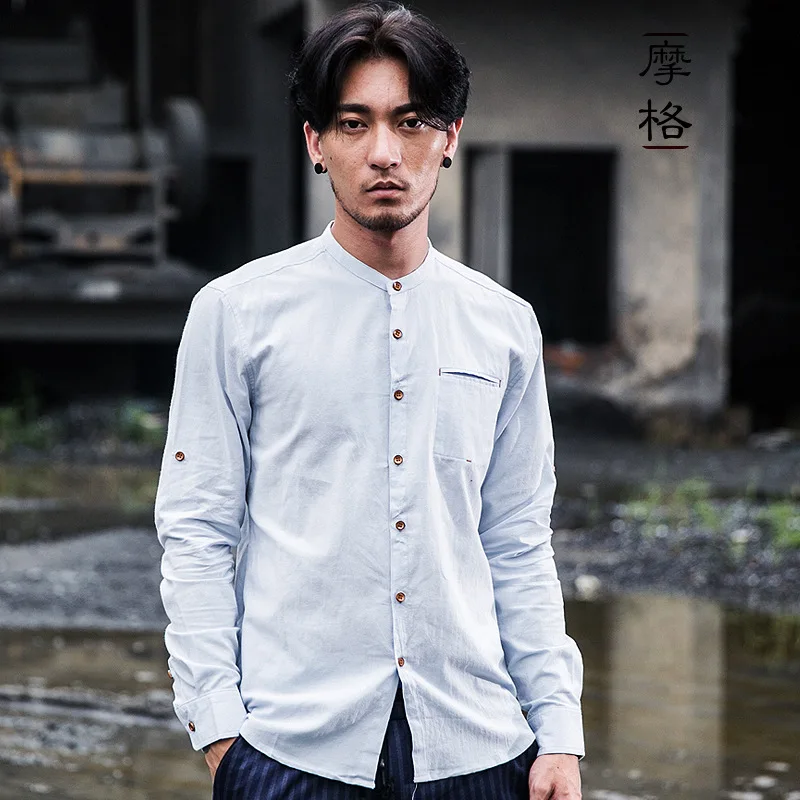 2018 new arrivals Men's stand collar long sleeve shirt with pocket white green blue summer casual shirts men cotton male | Мужская