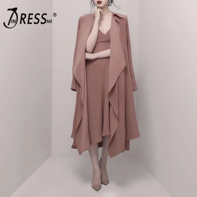 INDRESSME женский однотонный комплект из двух предметов на бретельках сексуальное платье с v-образным вырезом с длинным рукавом пальто наборы