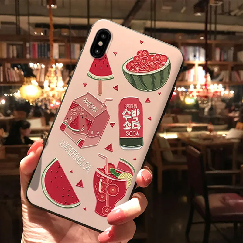 С клубничками, лето рельефный чехол для телефона для iPhone XS 11 Pro MAX XR Капа Симпатичные, из мягкого ТПУ для задней крышки для iPhone X, 8, 7, 6 S, 6 Plus