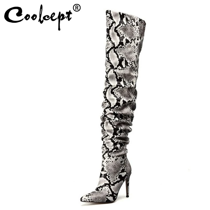 

Coolcept Thigh High Over The Knee Boots For Women Shoes Snakeskin Pointed Toe Thin High Heels Long Boots Femme Size 36-41