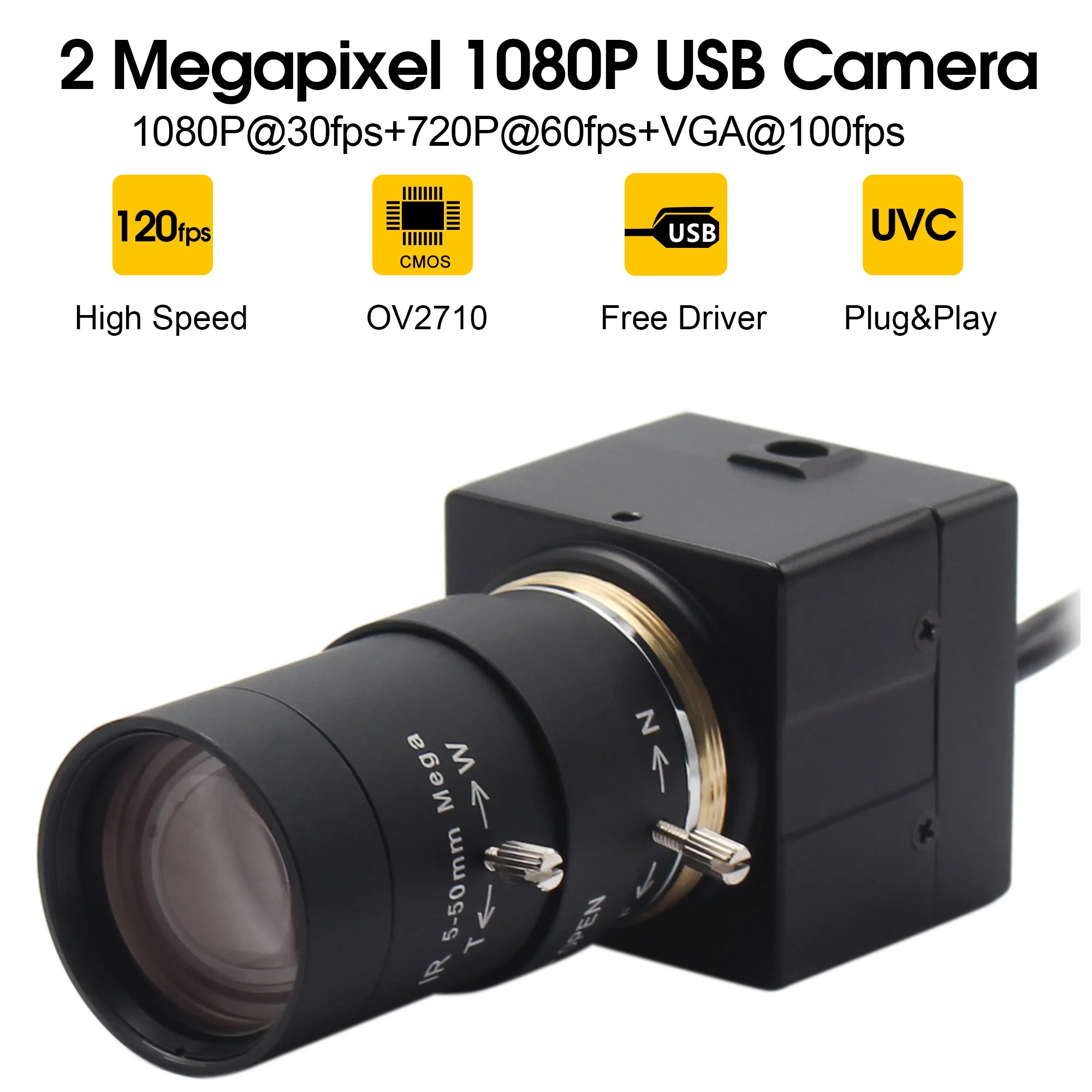 1080P USB веб-камера 5-50 мм CS крепление варифокус объектив CMOS OV2710 MJPEG 30fps/60fps/120fps камера USB для компьютера ПК Ноутбуки
