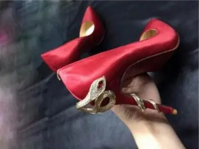 red silk Новинка; пикантные женские туфли-лодочки на металлическом каблуке со змеиным узором; модные свадебные туфли с острым носком; женская обувь на высоком каблуке 10 см; JAWAKYE - Цвет: red silk