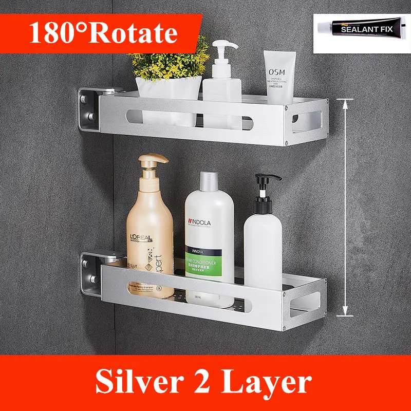 Silver 2 Layer Ванная 1 \ 2 \ 3 ярусная черная стойка для специй, кухонная стойка для кладовой, органайзер, настенная, вращающаяся на 180 градусов угловая полка - Цвет: Silver 2 Layer