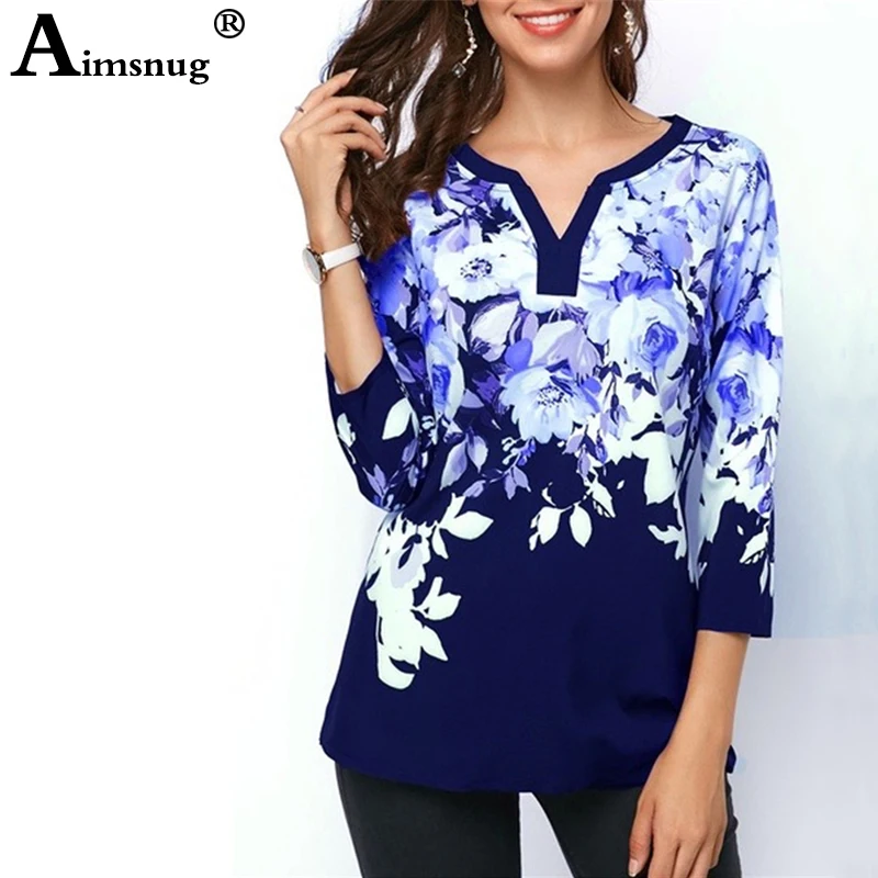 Большие размеры 4xl 5xl Новинки для женщин Лето Boho с цветочным принтом топы три четверти рукав футболка с v-образным вырезом Женские повседневные футболки