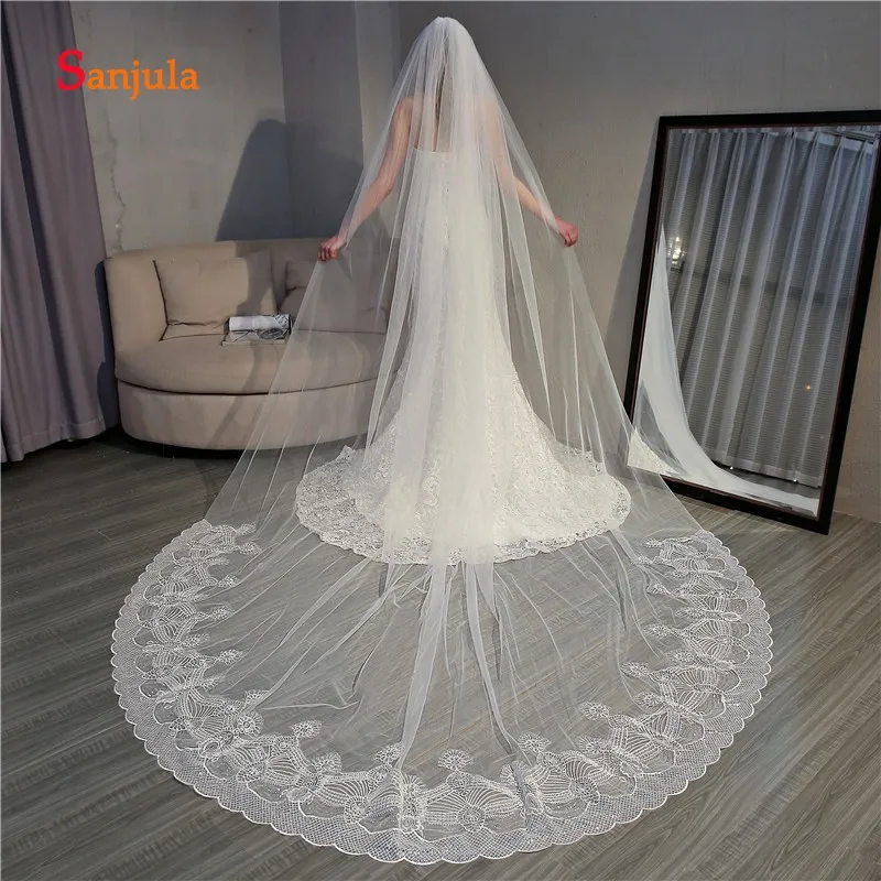 Unique Sequins Lace Appliques Long Bridal Veils with Comb Ivory Wedding Veil Church Accessories braut schleier V78 | Свадьбы и