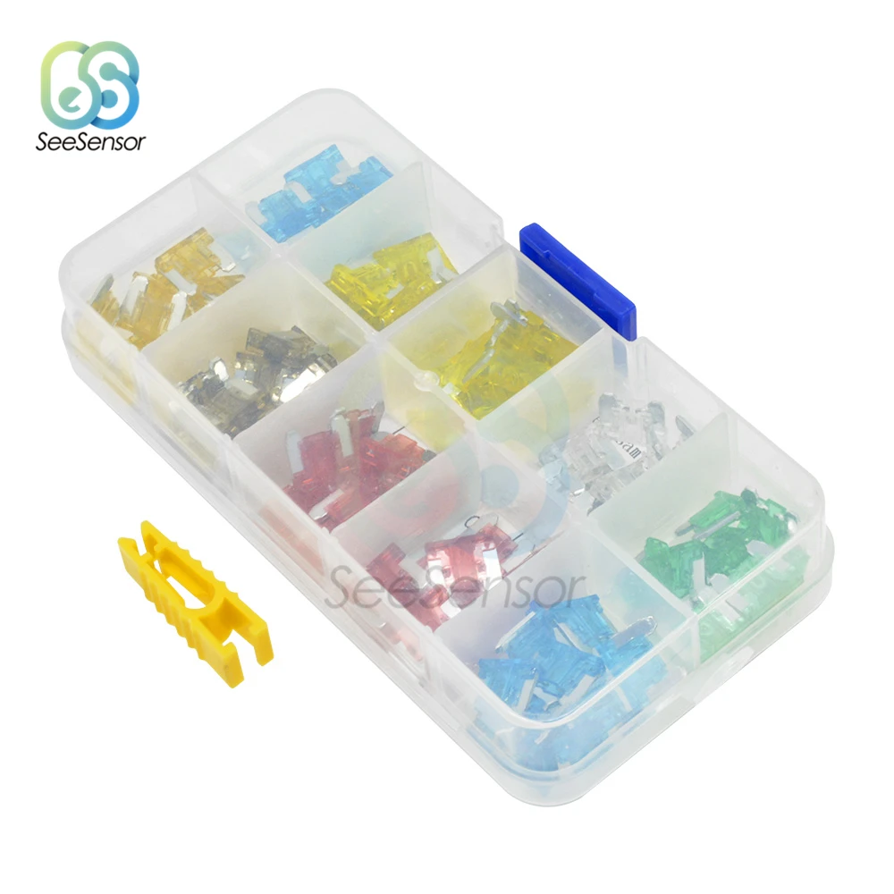 100 шт. мини предохранитель из цинкового сплава и пластика 5A 7.5A 10A 15A 20A 25A 30A набор с