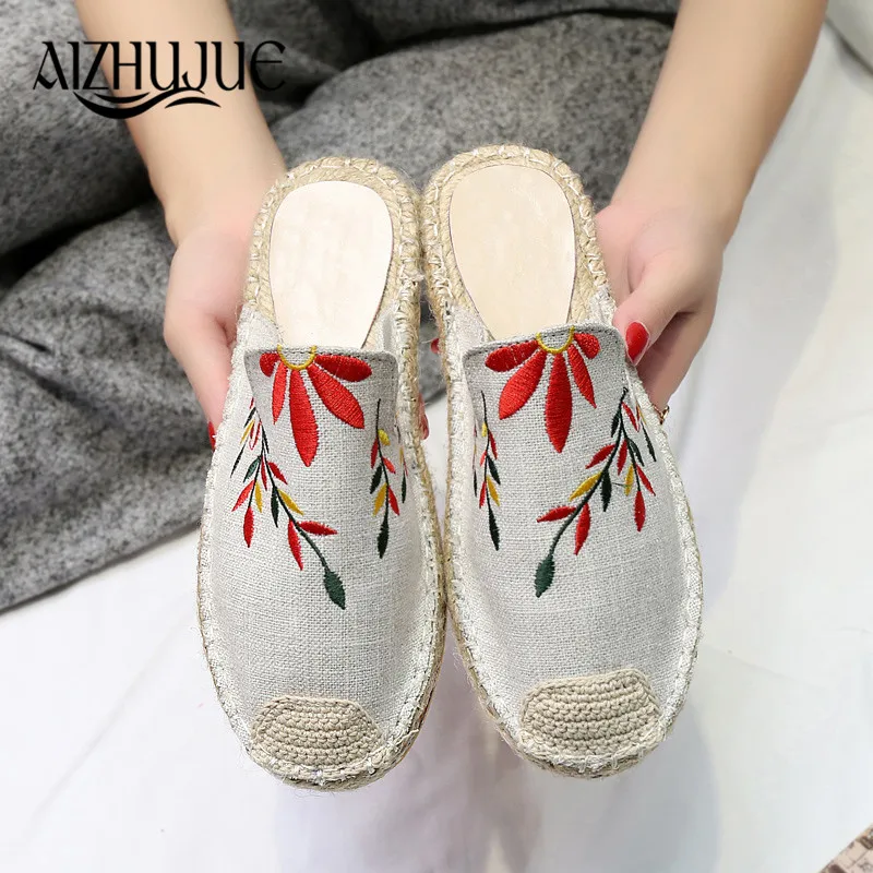 AIZHUJUE Women's Slippers 2018 Embroidery Straw Mules Shoes Women Summer Casual Beach Comfortable Ladies Footwear | Обувь