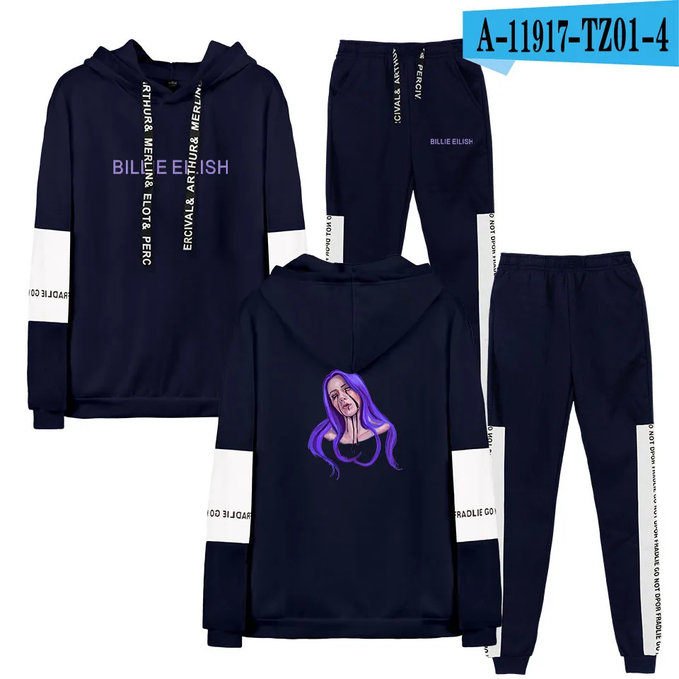 Navy Новинка billie eilish, толстовка с капюшоном, женская мода, белые толстовки, свитшоты+ черные спортивные штаны, костюмы, Осень-зима, теплый пуловер - Цвет: Navy