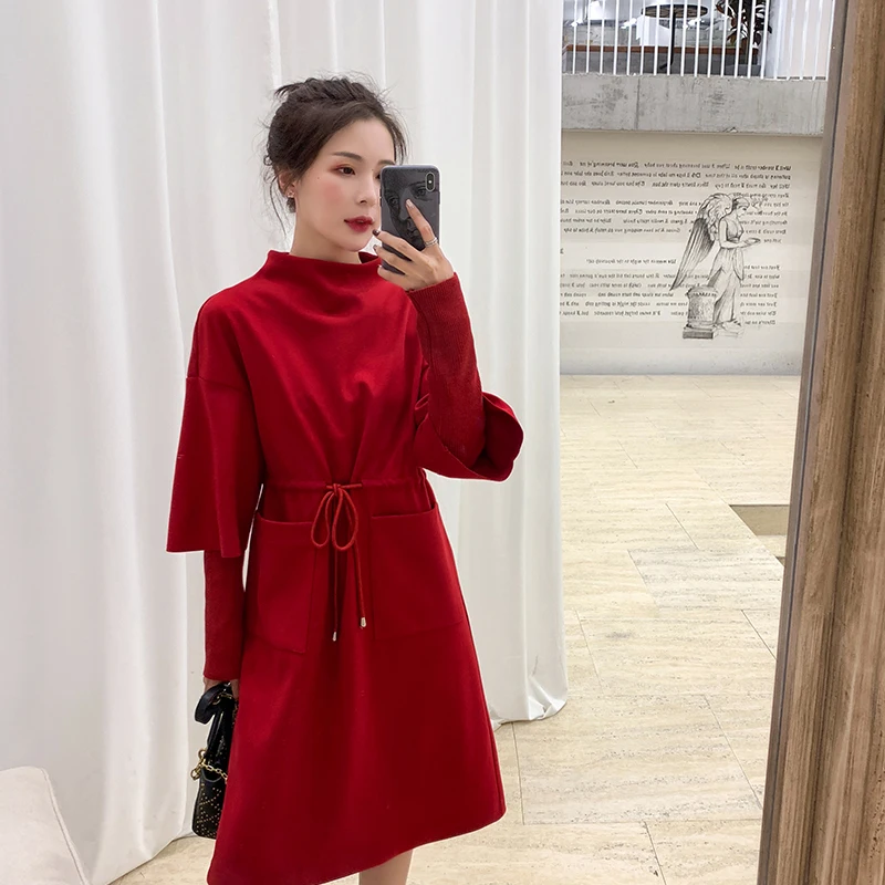

Large Size Women 2019 Winter Wear Red Aging Dress Knitted Bottom L-5XL Charming Lovely Big Size Belle Dress Vestidos Mujer DL547
