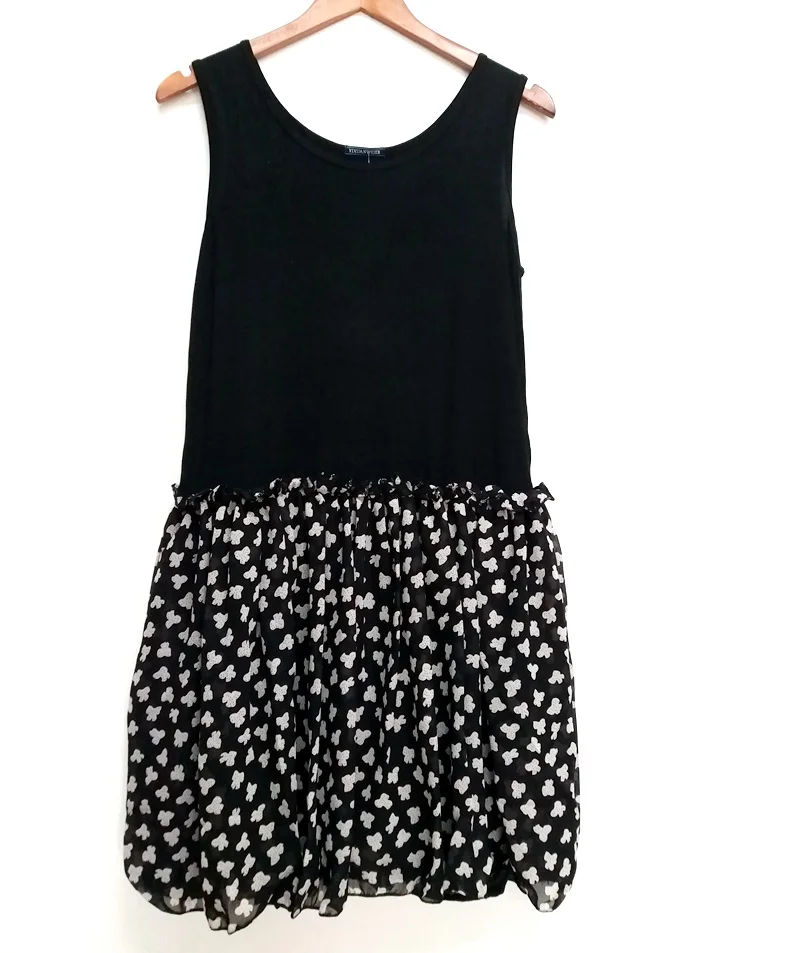 

New fashion Women summer modal cotton patchwork chiffon bow print comfortable vest basic one-piece dress