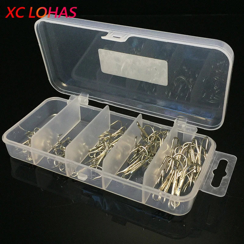50 Pcs / Box Multiple Sizes High Carbon Steel Fishhook VMC Treble Hooks 2# 4# 6# 8#10# Sharp Barbed Stainless Fishing Hooks