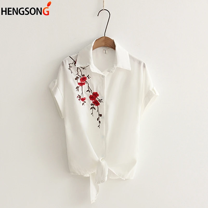 2018 Summer New Women Shirts White Cat Flower Embrodiery Shirt Female Casual Blouse Cotton Linen Student Tops Hot Sale |
