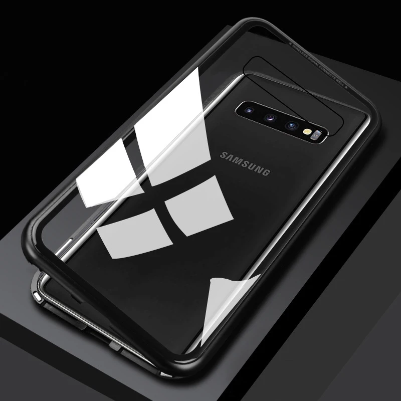 Магнитные адсорбционные Чехлы для samsung Galaxy S10 S9 Plus Note 9, металлический магнит второго поколения, двухсторонняя крышка из закаленного стекла - Цвет: Black