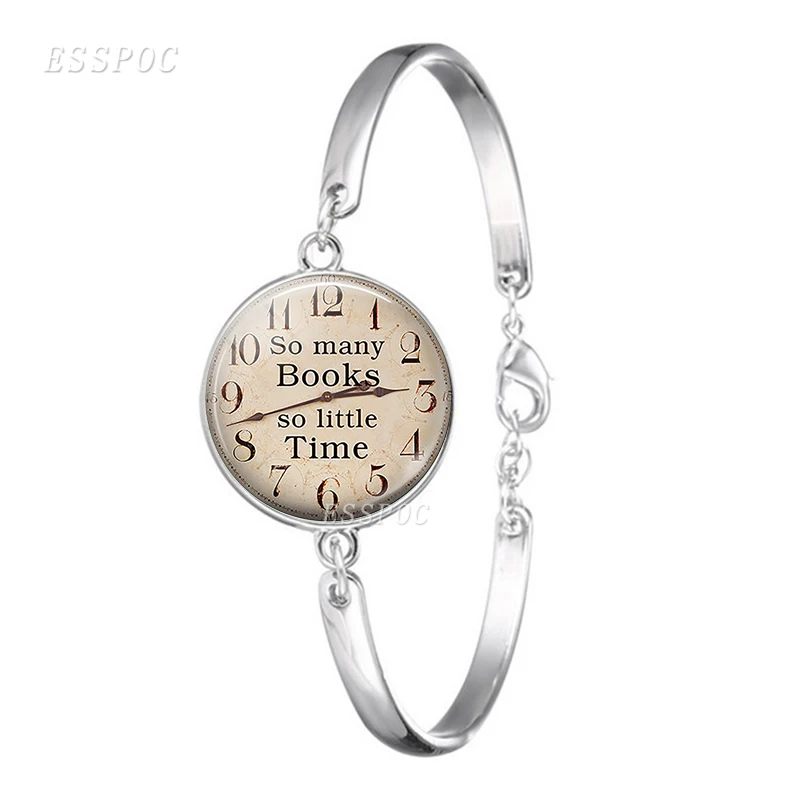 

Handmade Glass Dome Cabochon Bracelet Silver Plated Art Charms Clock Bangle for Women Jewelry - So Many Books, So Little Time