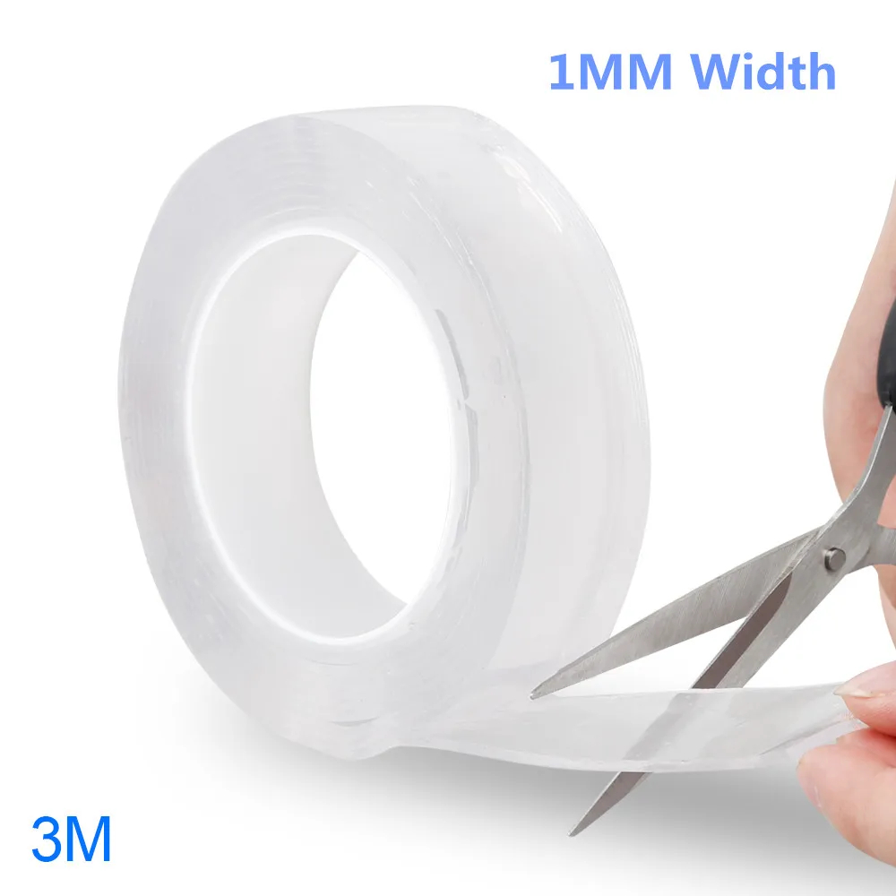 1MM 3M Двусторонний скотч Длина 1/2/3/5M Ширина 1/2 мм нано геля ПУ лентой, Не оставляющий следов надежный дизайн моющиеся Скотч для монтажа светодиодных лампочек анти-слип фиксированной лента для повторного использования - Цвет: 1MM 3M