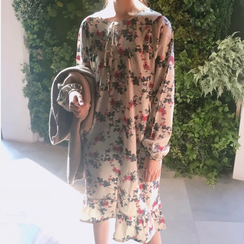 Милый Цветочный Принт Свободные Dress Puff Рукавом Оборками Midi Весна Лето Халат Femme