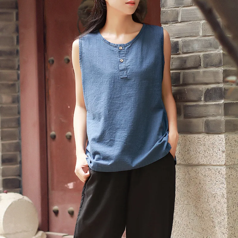 Johnature Платья Casual Tanks летний Для женщин из хлопка и льна тонкие дышащие комфортные, мягкие, прочные, с О-образным вырезом, мини, с кнопками и танки