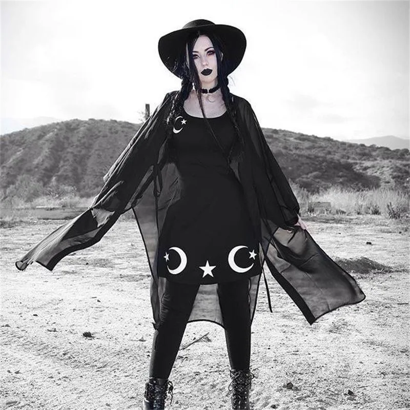 Летние для женщин готический панк звезда луна печати Слинг рукавов спинки