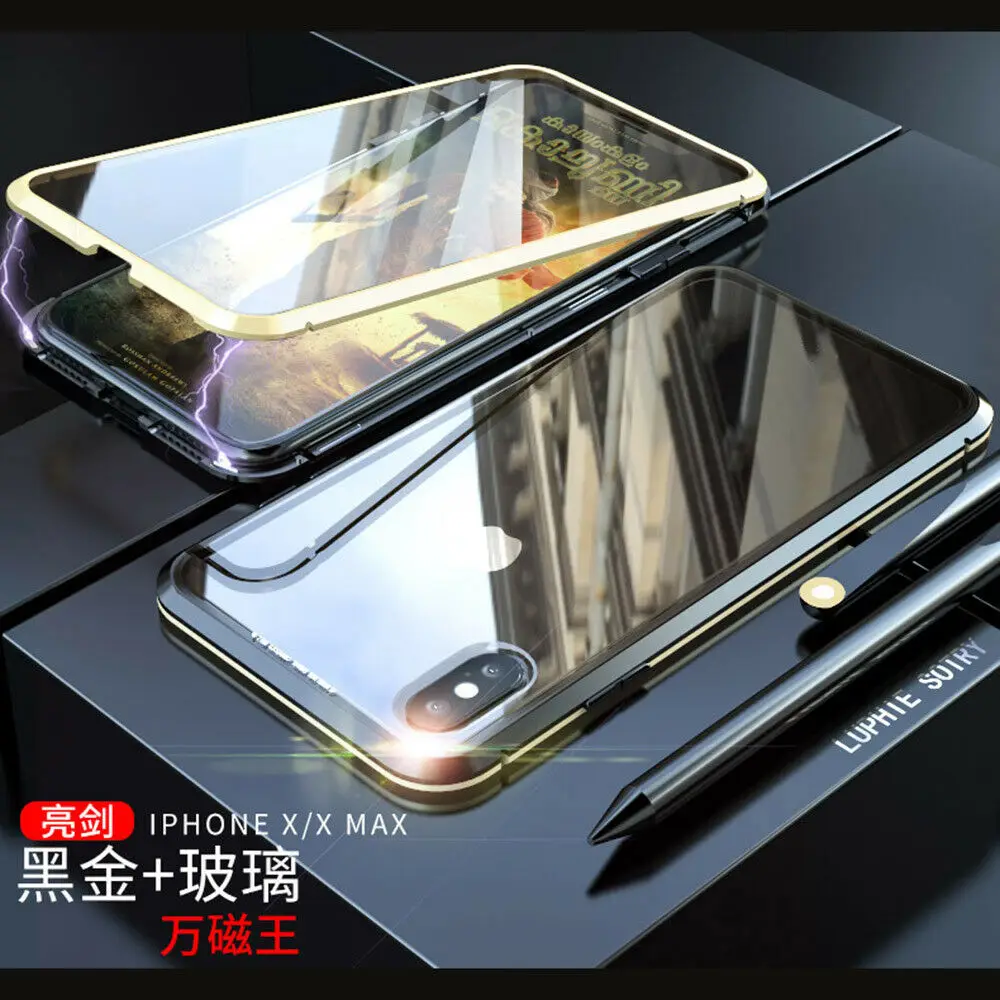 Для samsung Galaxy S10 S9 S8 плюс S10E Note 9 8 360 градусов Экран протектор стеклянный магнит чехол для мобильного телефона для iPhone 8 7 Plus X XS Max XR - Цвет: Gold Black