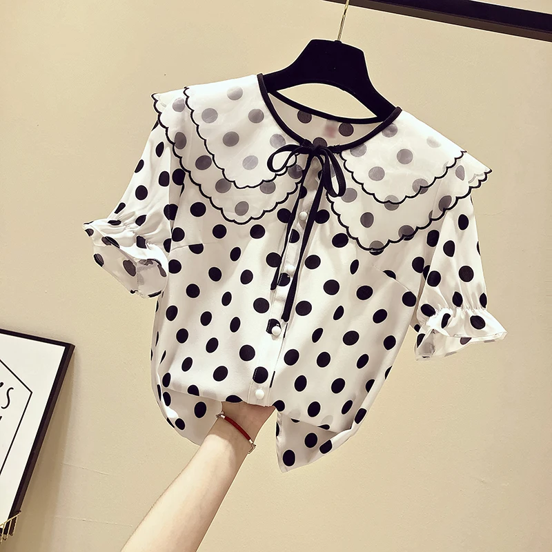 Женская шифоновая рубашка MUMUZI белая блузка в горошек с принтом волнистых кукол и