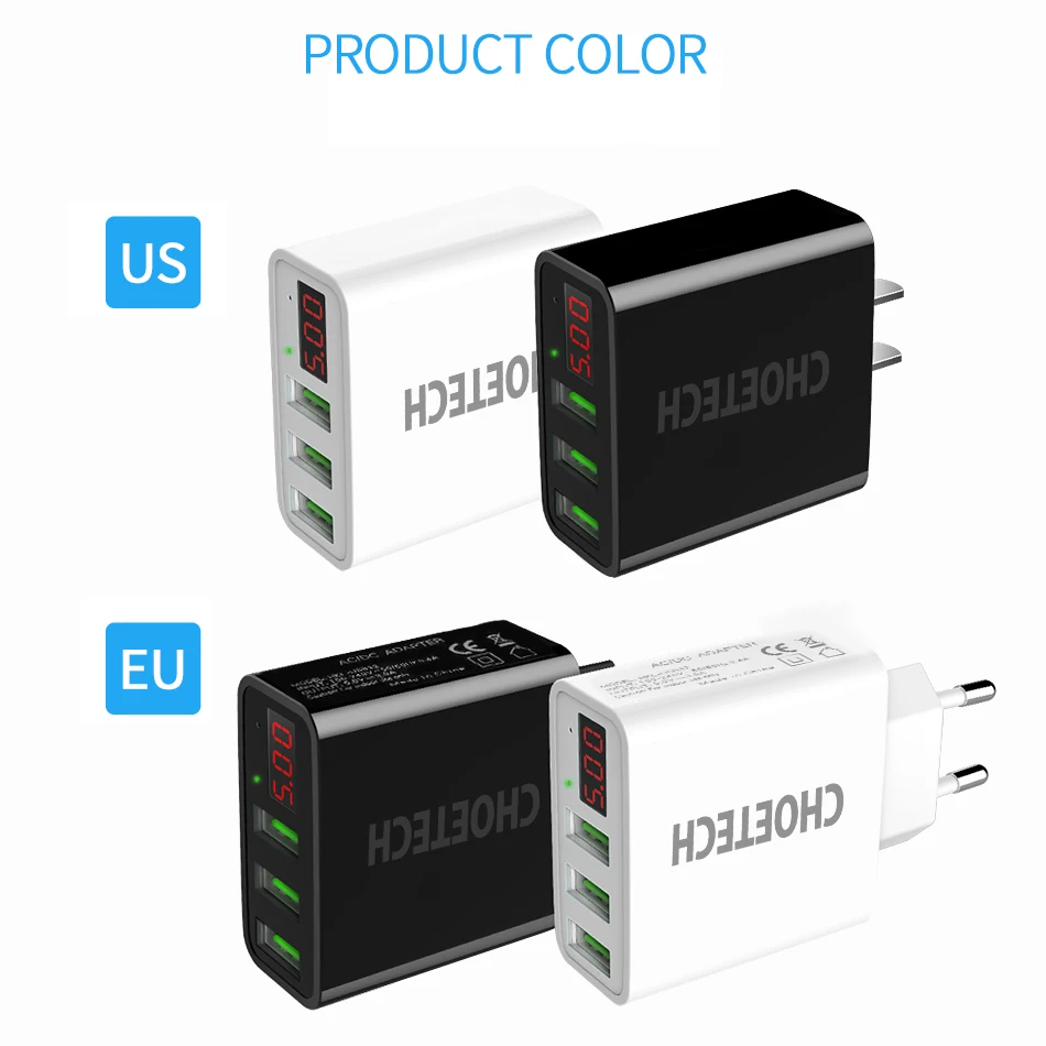 CHOETECH 3 USB зарядное устройство для мобильного телефона светодиодный дисплей дорожное настенное зарядное устройство Быстрая Зарядка адаптер 5 В/3 А 15 Вт для iPhone 11 X XR XS MAX 8