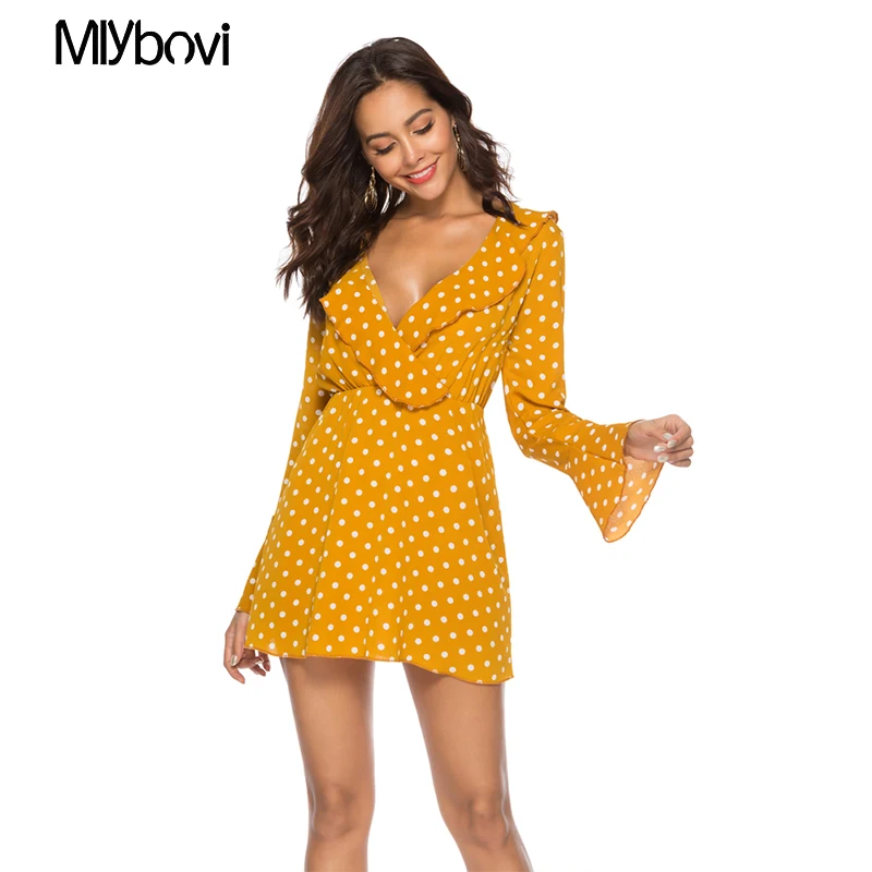 Желтое платье трапеция в горошек женские модные повседневные весенние офисные