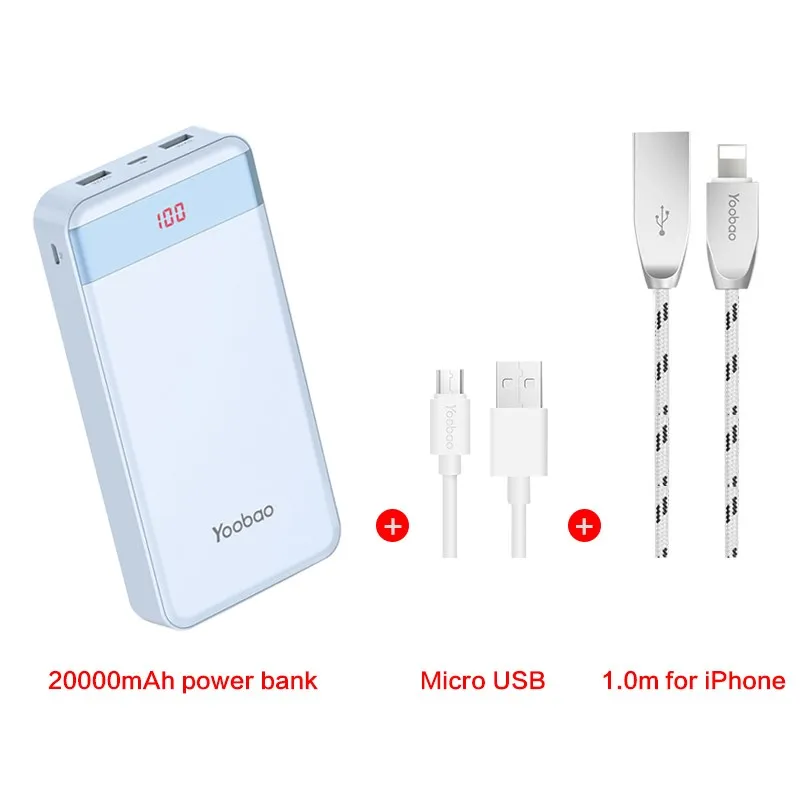 blue add cable Yoobao внешний аккумулятор 20000 мАч 2 USB быстрая зарядка портативный внешний аккумулятор для iPhone X 8 7 6 5 4 Внешний аккумулятор для Xiaomi Mi A1 Макс телефонов - Цвет: blue add cable