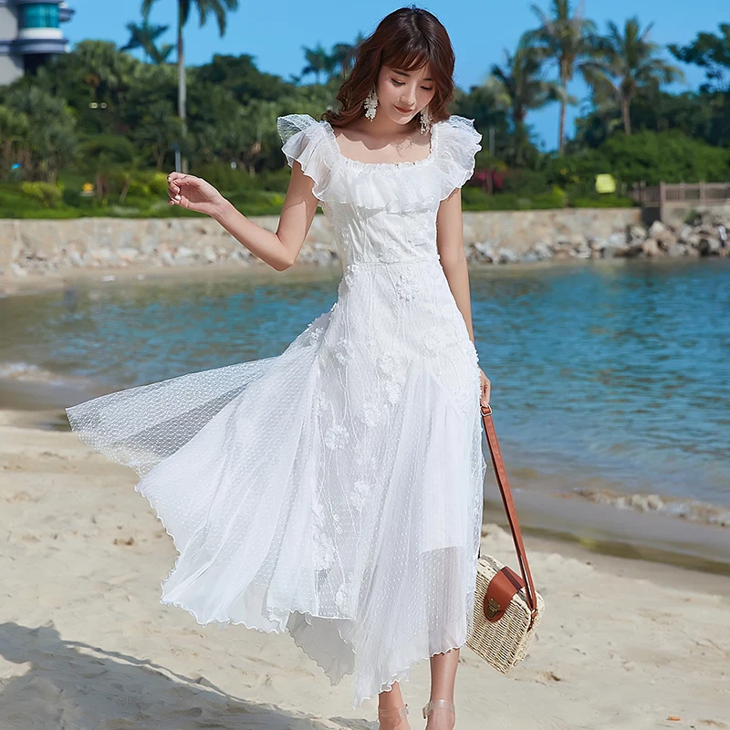 2019 летнее элегантное платье с цветочной вышивкой вырезом лодочкой белое длинное