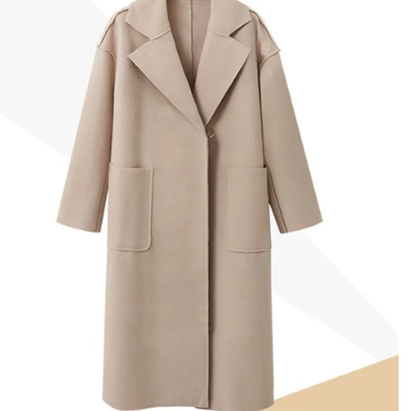 Шерстяное Женское пальто размера плюс 2019 тонкое бежевое черное дикое с длинным