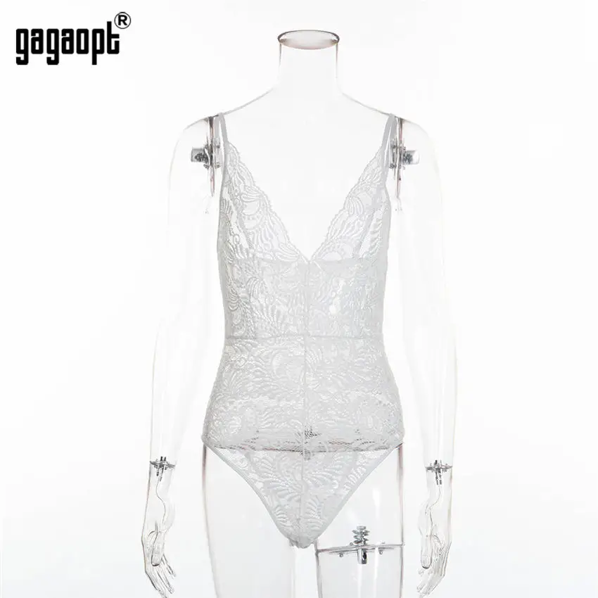 Gagaopt,, Кружевное боди для женщин, v-образный вырез, белый, черный, боди, элегантный, сексуальный, боди, Тедди, комбинезон, одежда для сна - Цвет: Белый