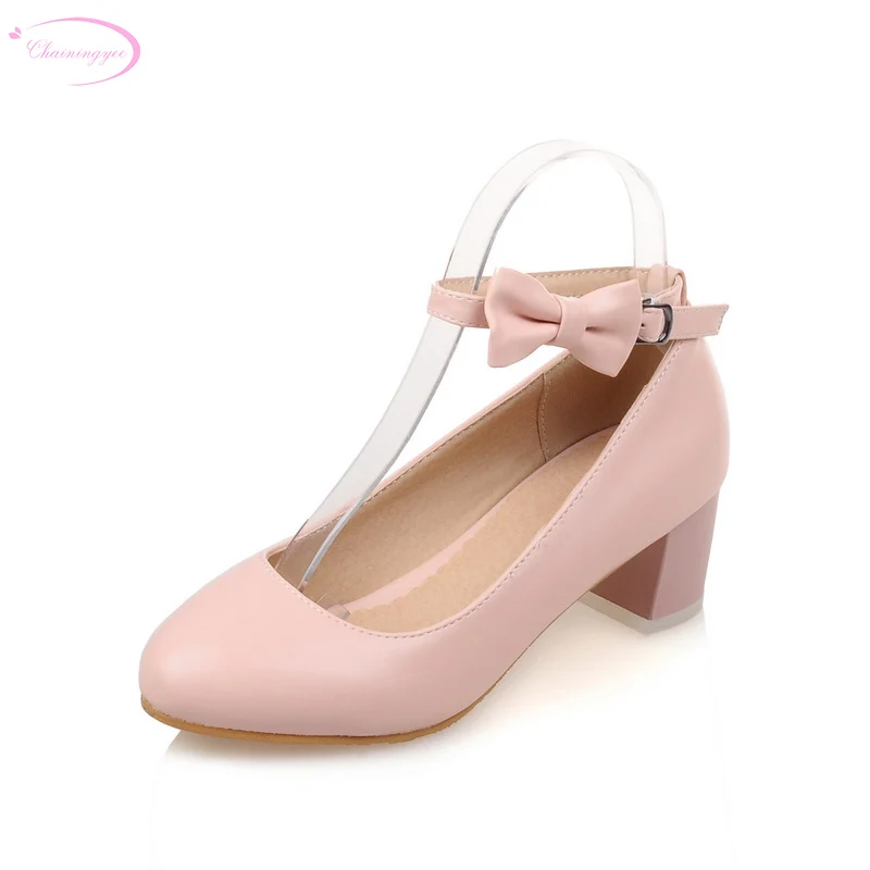 

Chainingyee sweet style sexy pointed toe pumps fashion belt buckle bowknot pink blue white med with women's shoes big size