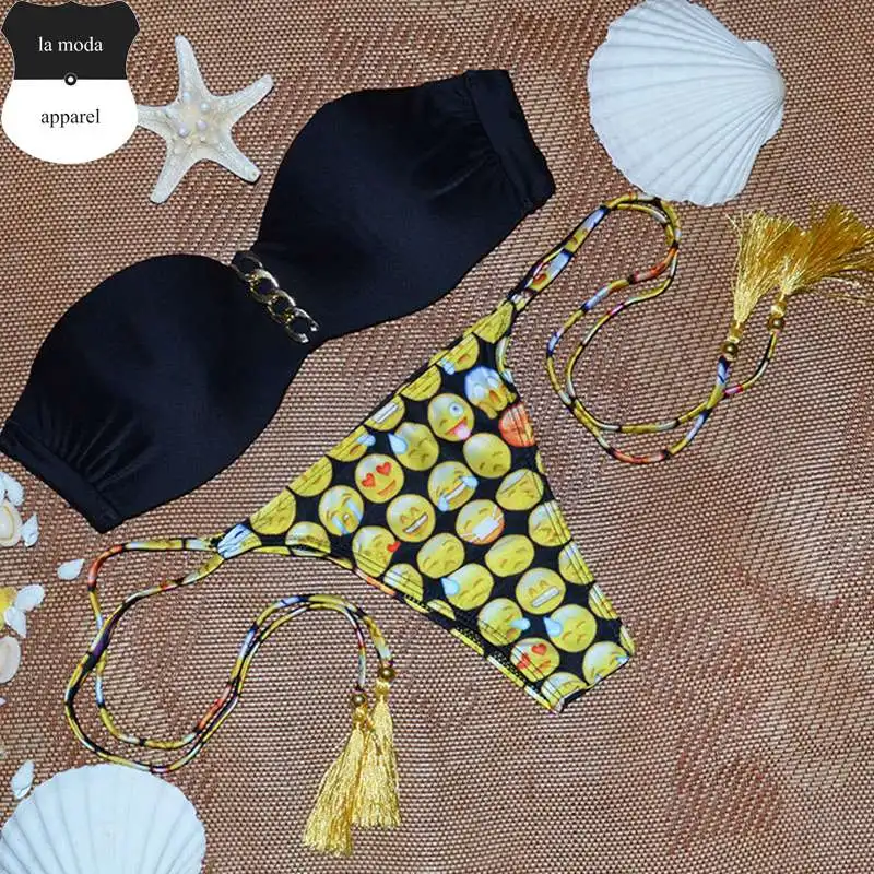 Emoji Face Bikini Set Women Swimsuit Metal Top Bathing Suit maillot de bain Swimwear Biquinis Bandage Bottom badpak |