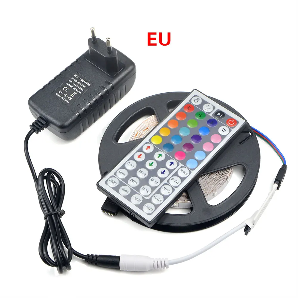 RGB With EU Adapter 1 шт. 5 м 300 светодиодный s лампа лента Диодная лента RGB Светодиодная лента светильник 2835 SMD 44 Ключ ИК пульт дистанционного управления 3A DC 12 В адаптер питания - Испускаемый цвет: RGB With EU Adapter