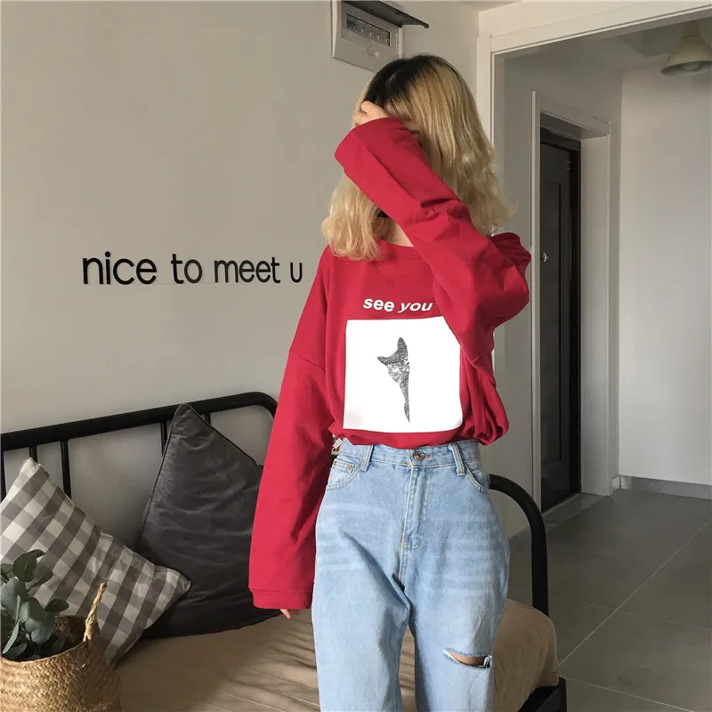 YouGeMan футболка Femme Осень корейский стиль Ulzzang Harajuku мультяшный принт длинный рукав футболка женская повседневная с o-образным вырезом топы
