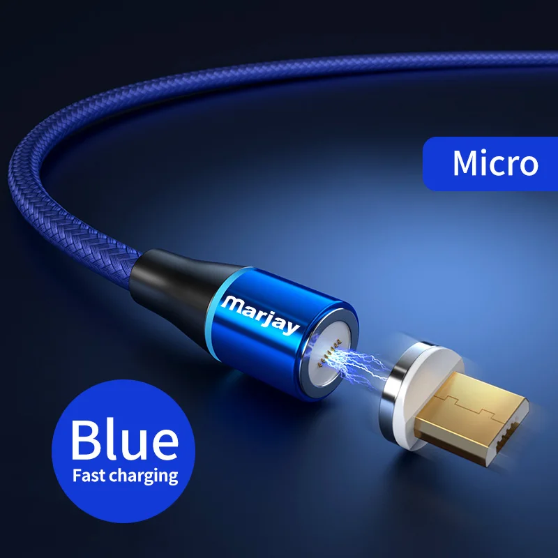 Blue For Micro Магнитный кабель Marjay, 2 м, 3 А, быстрая зарядка, 3,0, Micro usb type-C кабель для iphone X Xs Max, samsung, Xiaomi, магнитный шнур для быстрой зарядки - Цвет: Blue For Micro