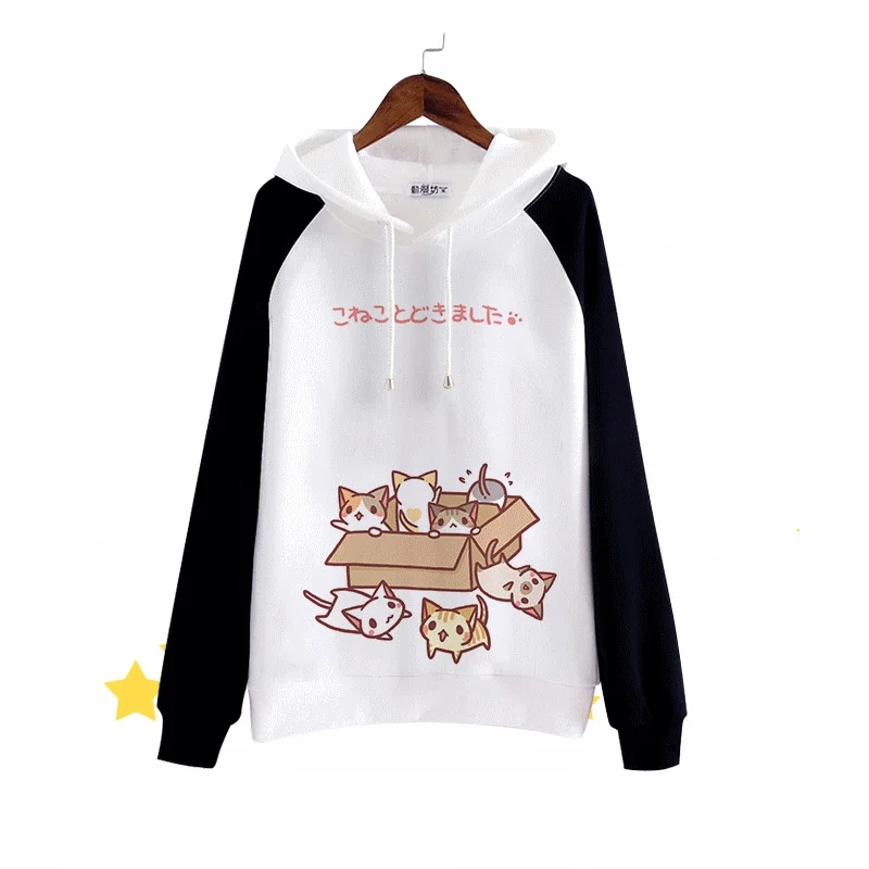 Кофта женская толстовки женские Японский футболка лолита аниме балахон harajuku cat толстовка kawaii одежда мори cat девушка флис балахон толстовка с капюшоном neko atsume пальто kawaii толстовка женская - Цвет: Черный