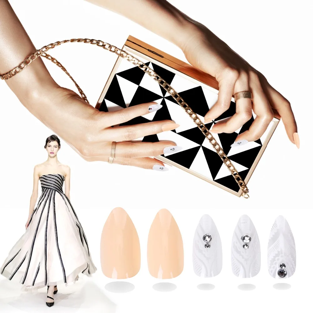 

Contrast color False nails Stiletto with Stickers Press On Nails Exquisite little crystal nail 24pcs