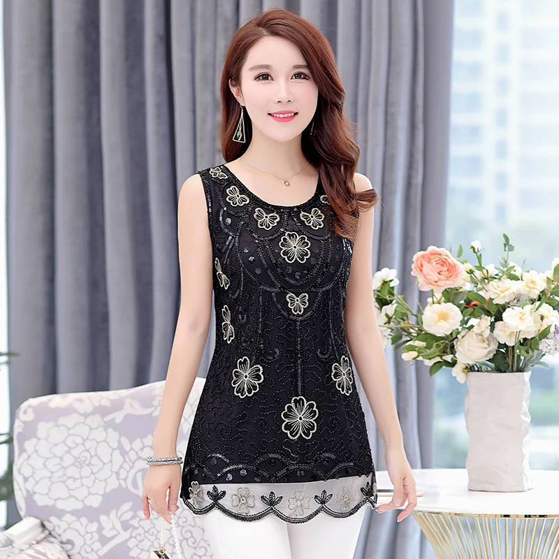 black blouse Neploe/Женские Блузки высокого качества, кружевная модная блузка с цветочным рисунком и блестками, рубашка 5xl, свободная повседневная без рукавов, Blusas 38947 - Цвет: black blouse