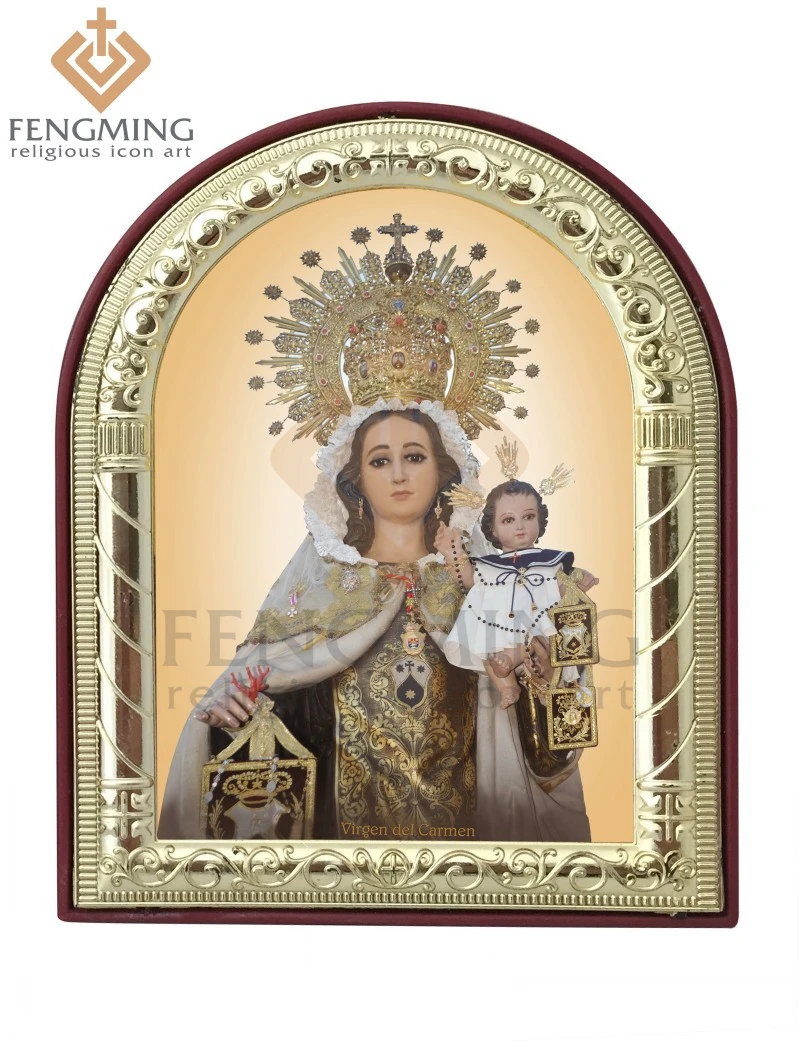 Может на заказ Христианский Религиозный католический образ Virgen del Carmen оптом металлическая рамка серебро золото на пластике крещение подарки