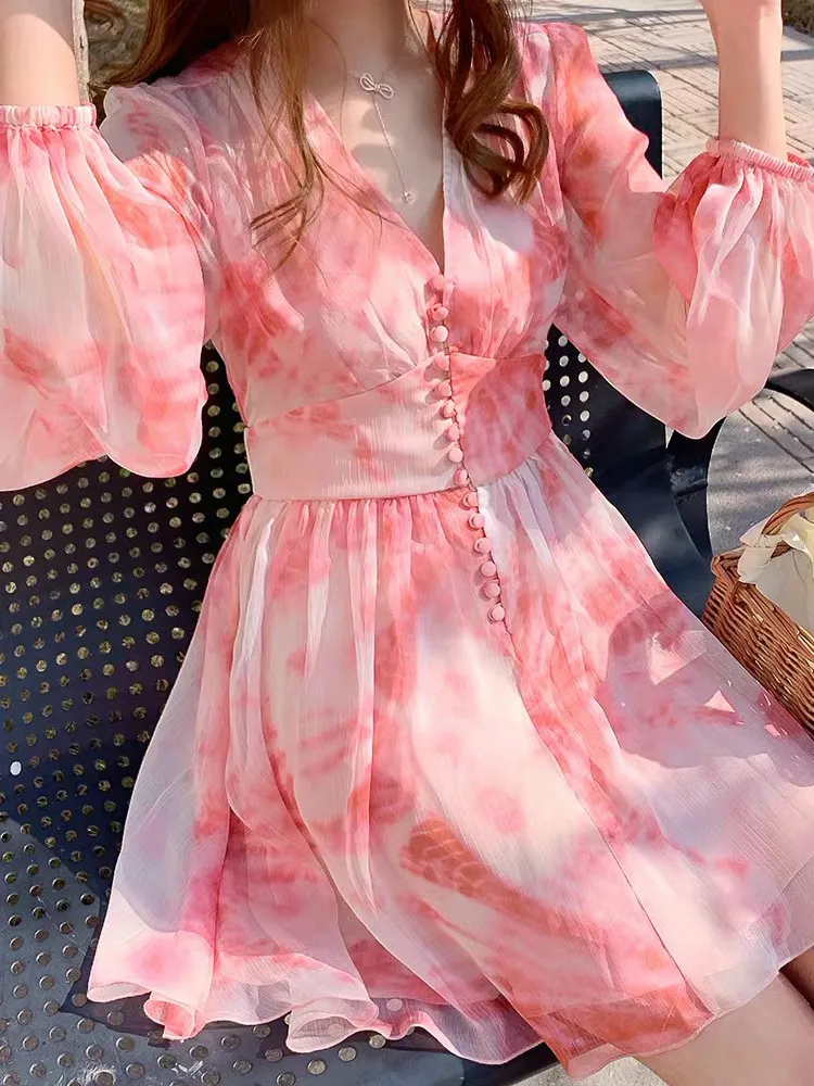 HAMALIEL Лето однобортный праздничное платье для женщин шифон розовый цветочный