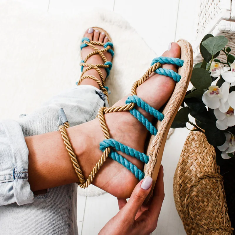 Женские сандалии на плоской подошве со шнуровкой Нескользящие для пляжа 2019 |